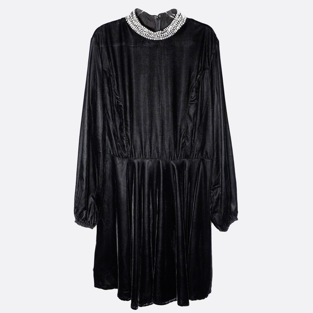 ASOS Velvet Midi Dress Black Crystal Pearl High Neck Balloon Sleeve Plus 1X XL - Picture 2 of 8